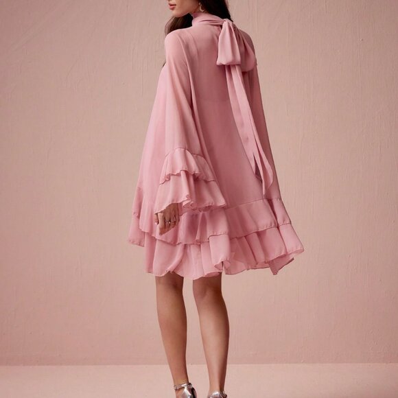 Pink Elegant Women's Ruffle Flared Sleeve Dress - Picture 2 of 7